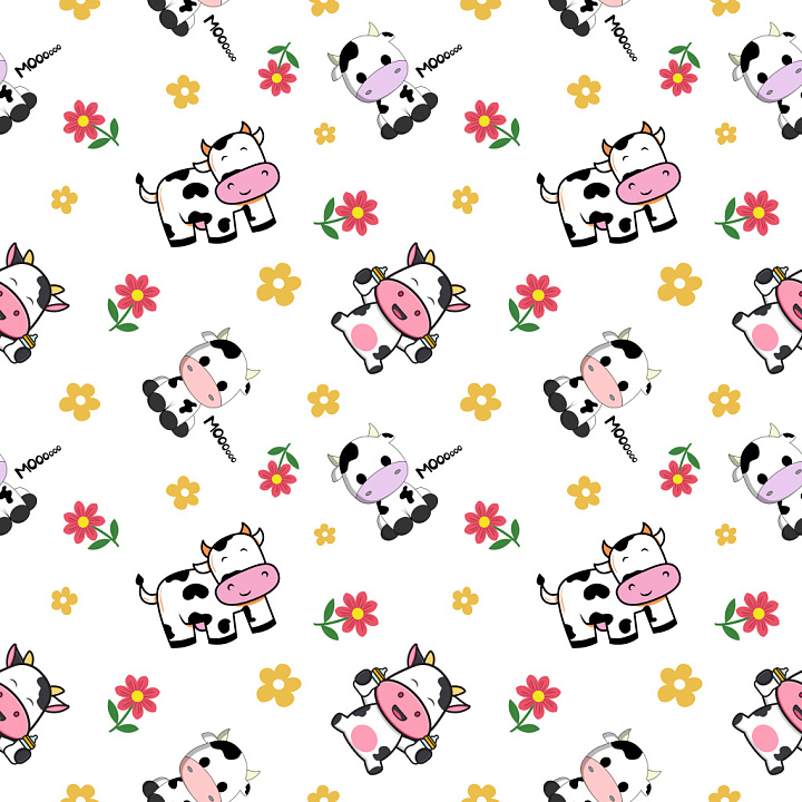 Pattern with Playful Cartoon Cows and Colorful Floral Motifs seamless PBR texture preview
