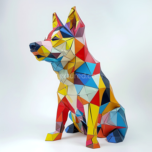 Seamless 3D PBR Texture Featuring Vibrant Geometric Dog Design with Triangular Patches