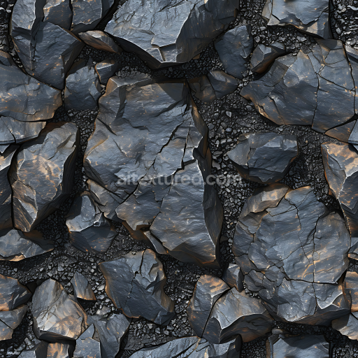 Seamless 3D PBR cracked rocky ground stone texture with dark slate and gravel