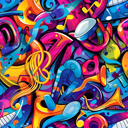 Seamless 3D PBR Graffiti Texture Featuring Colorful Abstract Musical Instruments texture preview