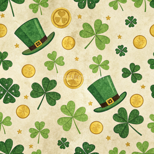 Seamless 3D PBR Texture with St Patrick Shamrocks, Gold Coins, and Green Hats