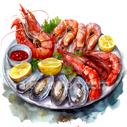 seamless Detailed Seafood Breakfast Platter with Shrimp, Oysters, Lemon & Sauce Graphic texture 8k free download PBR