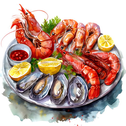 Detailed Seafood Breakfast Platter with Shrimp, Oysters, Lemon & Sauce Graphic