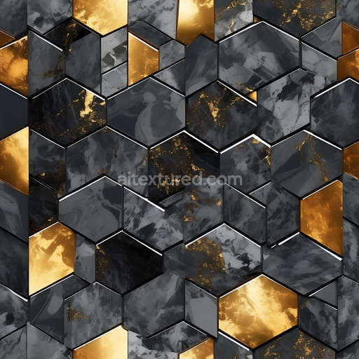 Seamless 3D Black Marble and Gold Tiles PBR Texture with Hexagonal Pattern