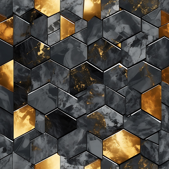 Black Marble and Gold Tiles with Hexagonal Pattern seamless PBR texture preview
