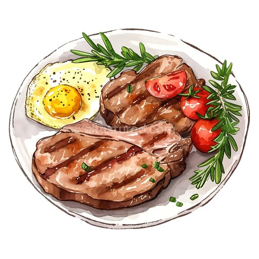 Breakfast Plate with Grilled Pork Steak, Sunny Side Egg, and Fresh Cherry Tomatoes Illustration