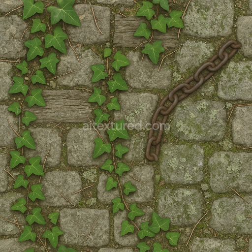 Seamless 3d texture pbr 8k cobblestone path with creeping ivy Halloween