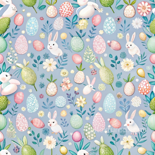 with Pastel Easter Eggs, Bunnies, and Floral Motifs seamless All Easter Digital paper PBR texture