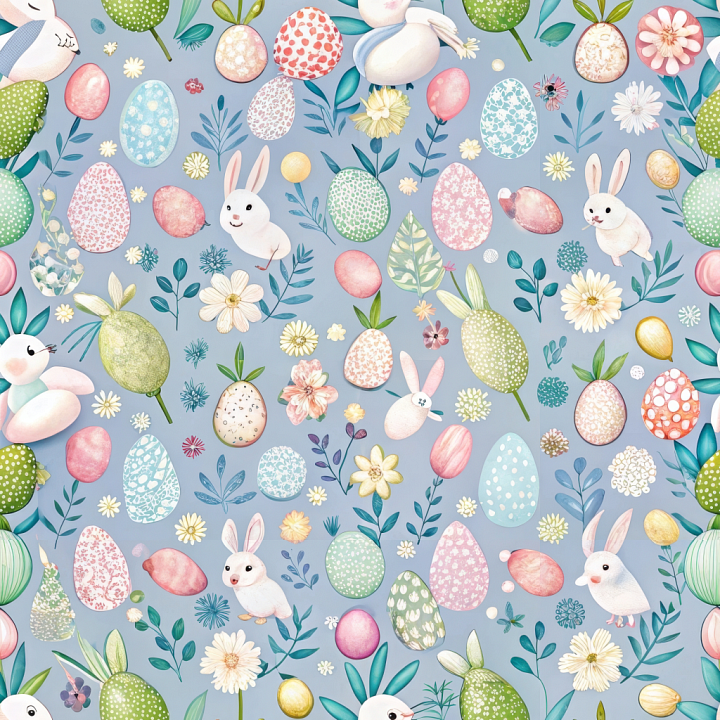 with Pastel Easter Eggs, Bunnies, and Floral Motifs seamless PBR texture preview
