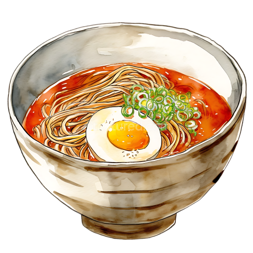 Breakfast Soba Noodles Bowl with Egg and Green Onions Illustration