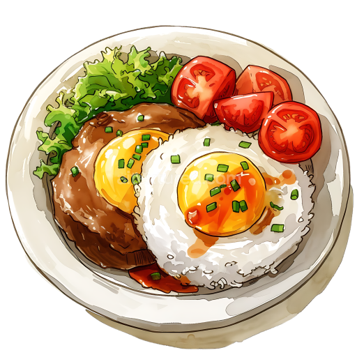 Hawaiian Loco Moco Breakfast Plate Illustration with Eggs, Rice, and Fresh Vegetables