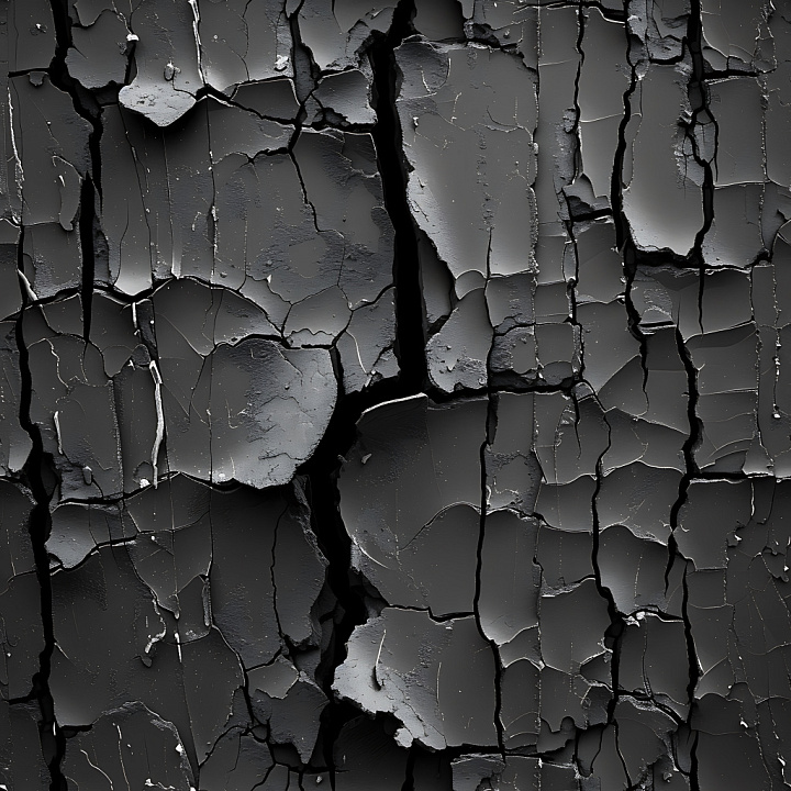 Cracked Paint with Deep Fractures and Peeling Layers in Dark Tones seamless PBR texture preview