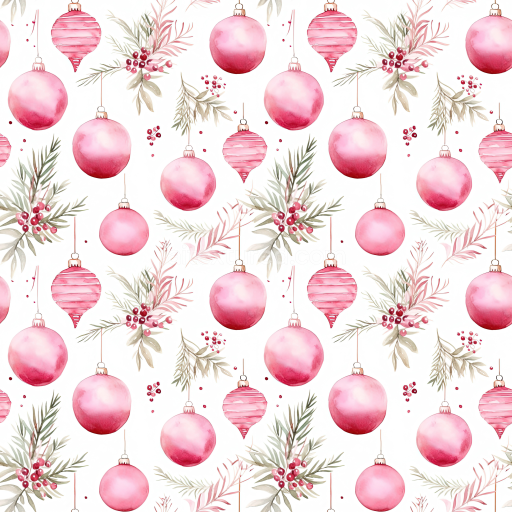 Seamless 3D PBR Watercolor Christmas Ornaments and Sprigs Texture with Red and Pink Tones