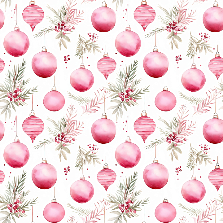 Watercolor Christmas Ornaments and Sprigs with Red and Pink Tones seamless PBR texture preview