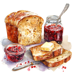 seamless Watercolor Breakfast Illustration of Irish Soda Bread with Butter and Red Jam texture 8k free download PBR