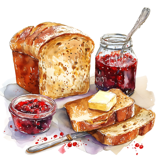 Watercolor Breakfast Illustration of Irish Soda Bread with Butter and Red Jam