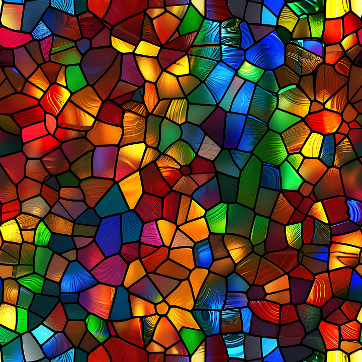 Cracked Stained Glass With Vibrant Multicolor Shards seamless PBR texture preview