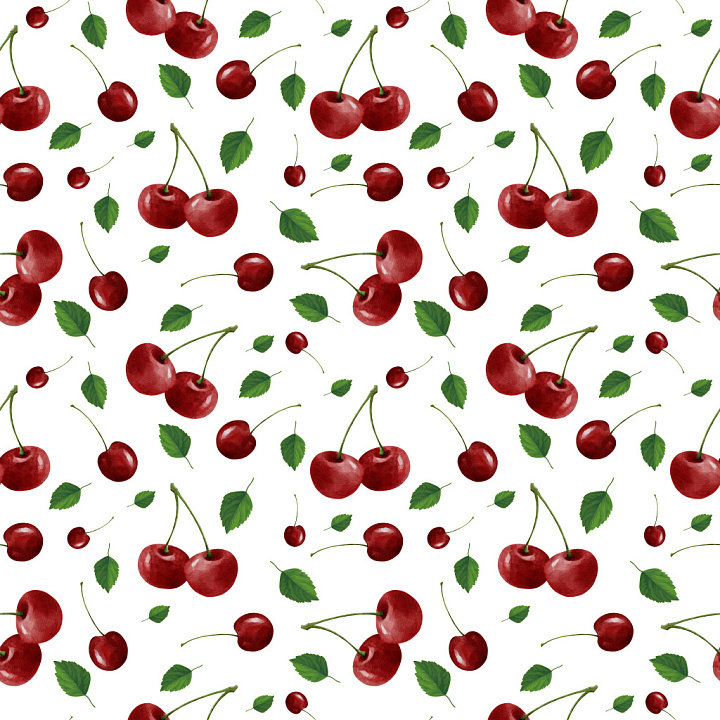 Of Hand-Painted Cherry Fruit Pattern With Scattered Green Leaves seamless PBR texture preview