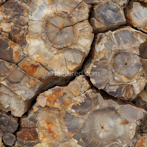 Seamless 3D PBR petrified wood stone texture with cracked, mineral-rich surfaces
