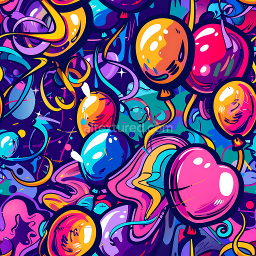 Seamless 3D PBR texture featuring vibrant graffiti balloons and festive ribbons