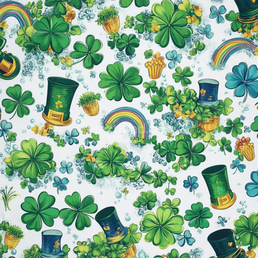Seamless 3D PBR texture featuring St Patrick themed shamrocks, rainbows, and leprechaun hats