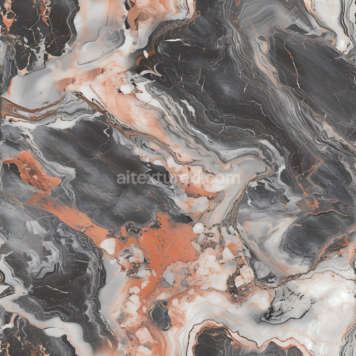 Seamless 3D Fior Di Pesco Natural Marble PBR Texture Featuring Black, White, and Orange Swirling Veins