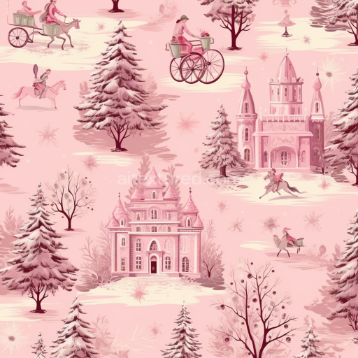 Seamless 3D PBR Texture of Pink Vintage Christmas Digital Paper with Snowy Trees and Castles
