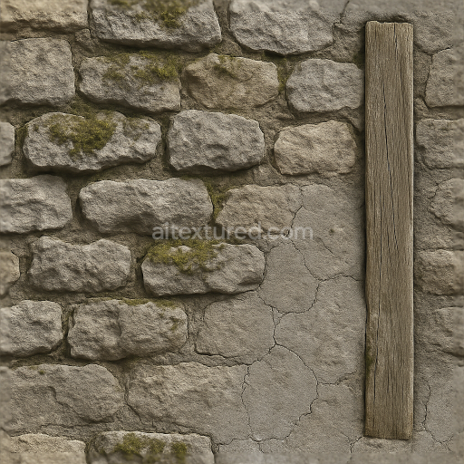 Seamless 3d texture pbr 8k stone wall fence with mossy stone and cracked concrete base