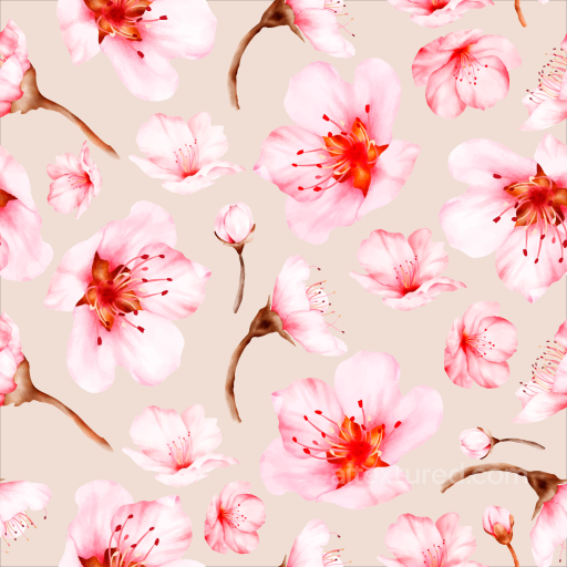 Watercolor Cherry Blossom Floral Pattern Seamless Texture with Soft Pink Petals seamless Watercolor Cherry PBR texture
