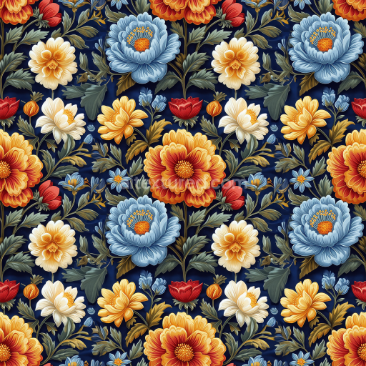 Seamless 3D PBR Embroidered Floral Fabric Texture with Multicolor Flowers on Dark Background