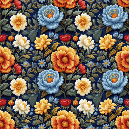 Embroidered Floral Fabric Texture with Multicolor Flowers on Dark Background seamless Embroidered floral PBR texture