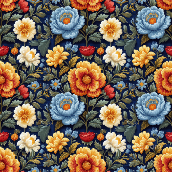Embroidered Floral Fabric Texture with Multicolor Flowers on Dark Background Embroidered floral texture preview
