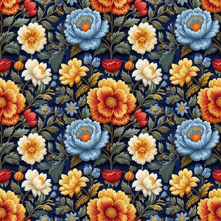 Embroidered Floral Fabric with Multicolor Flowers on Dark Background seamless PBR texture preview