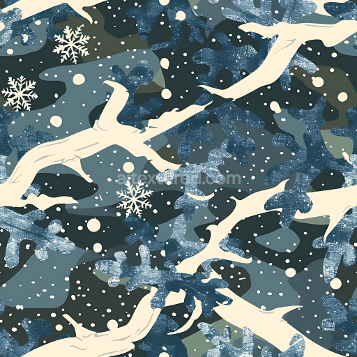 Seamless 3D Winter Woodland Camouflage PBR Texture with Stylized Snowflakes and Organic Shapes