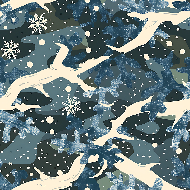 Winter Woodland Camouflage with Stylized Snowflakes and Organic Shapes seamless PBR texture preview