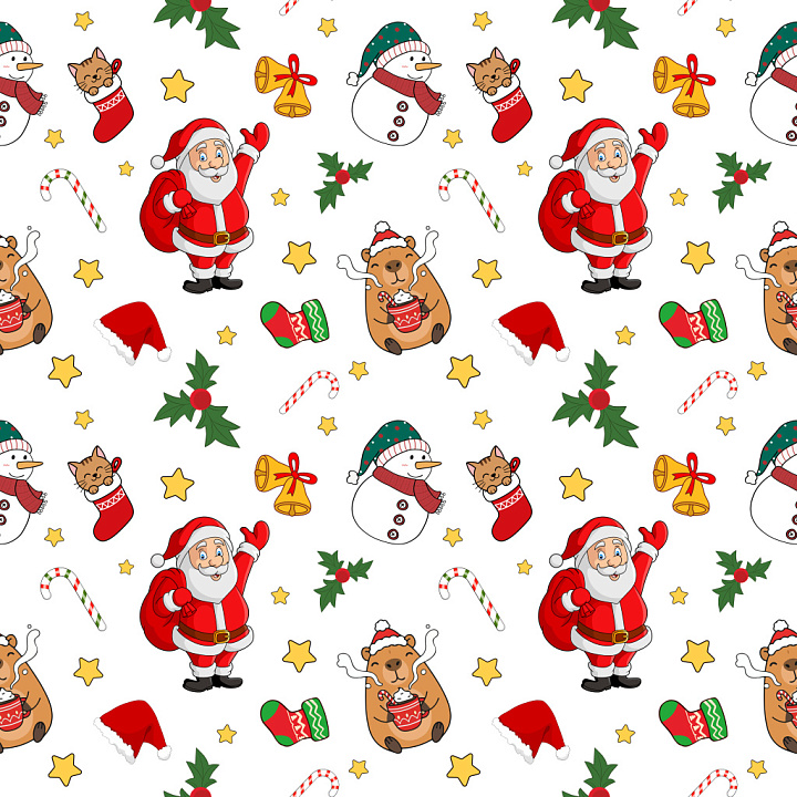 Pattern Featuring Cartoon Christmas Icons and Festive Motifs seamless PBR texture preview