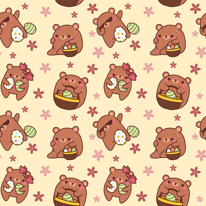 Pattern Featuring Cute Brown Bears with Easter Eggs and Floral Motifs seamless PBR texture preview
