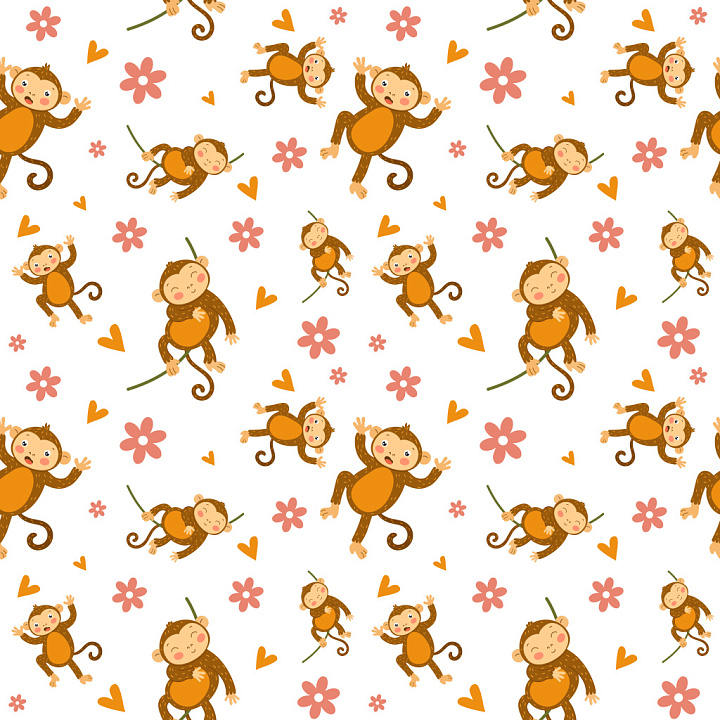 Pattern with Playful Monkey Motifs and Floral Elements seamless PBR texture preview