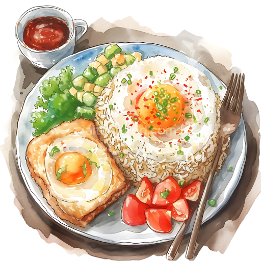 Preview — Watercolor Style Indonesian Nasi Goreng Fried Rice Breakfast Illustration with Fried Egg and Fresh Vegetables