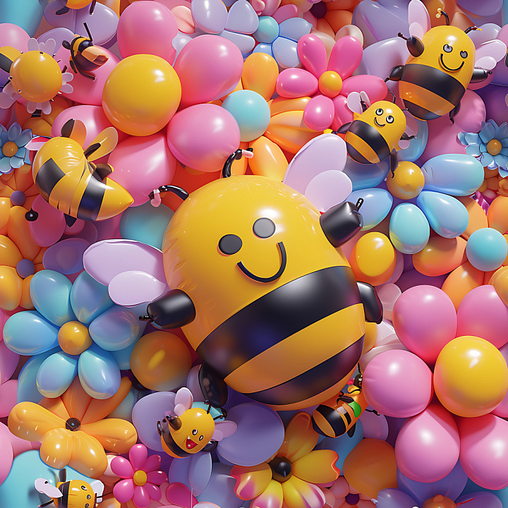 Inflated Cartoon Bees and Colorful Balloon Flowers seamless PBR texture preview