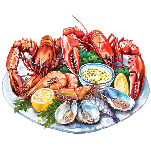 Breakfast Seafood Platter Illustration with Lobster, Shrimp, Clams, and Lemon