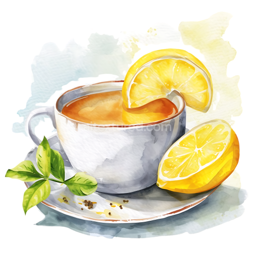 Breakfast Herbal Tea Cup with Lemon Slice and Green Leaves Illustration