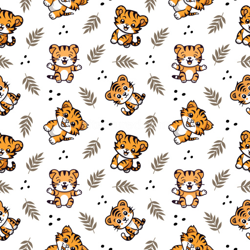 Pattern Bundle - Seamless 3D Pattern PBR Texture Featuring Cute Cartoon Tiger Motifs with Leaf Accents texture preview