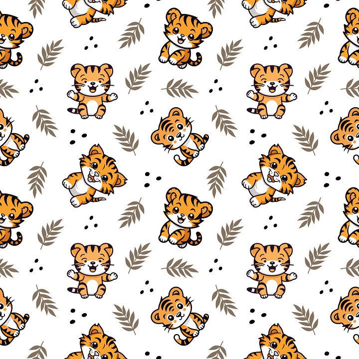 Pattern Featuring Cute Cartoon Tiger Motifs with Leaf Accents seamless PBR texture preview