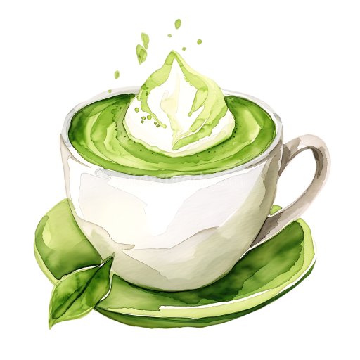 Watercolor Style Matcha Latte Breakfast Graphic with Whipped Cream and Leaf Accents