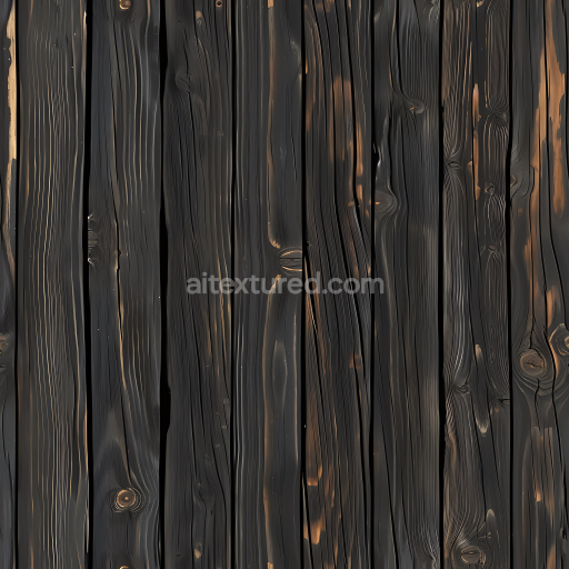 Seamless 3D Charred Wood Planks PBR Texture with Distinctive Grain and Knots