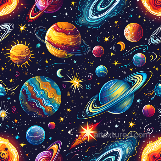 Cartoon Style Space Texture Featuring Colorful Planets & Starfield seamless Star, space, planets PBR texture