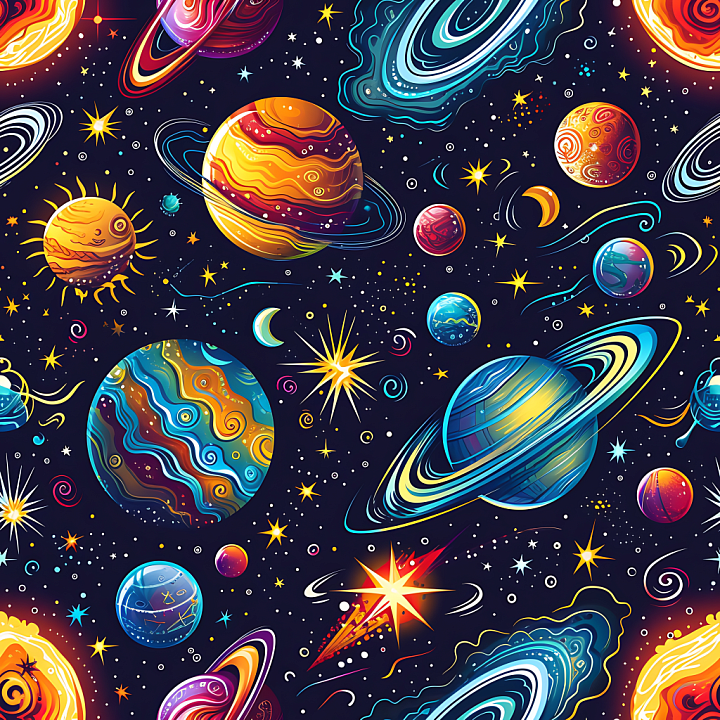 Cartoon Style Space Featuring Colorful Planets & Starfield seamless PBR texture preview