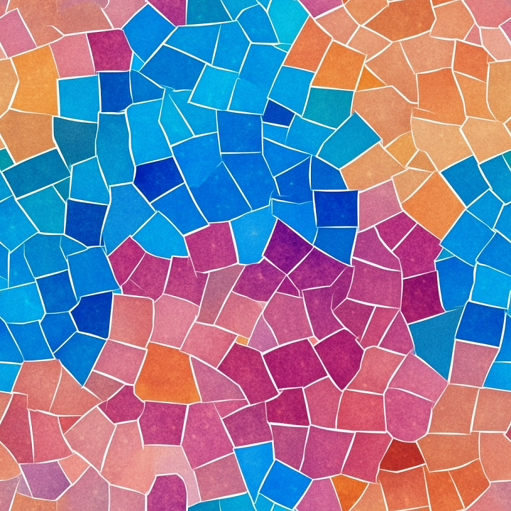 Mosaic of Colorful Irregular Ceramic Tiles with White Grout seamless PBR texture preview