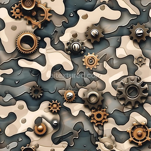 Seamless 3D Steampunk Desert Camouflage PBR Texture with Metallic Gear Elements